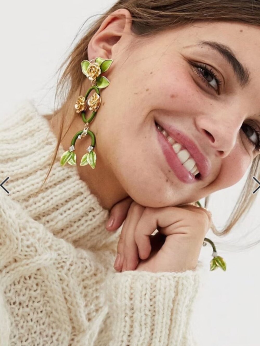 ASOS long enamel statement earrings in floral drops in gold green dangle NEW.